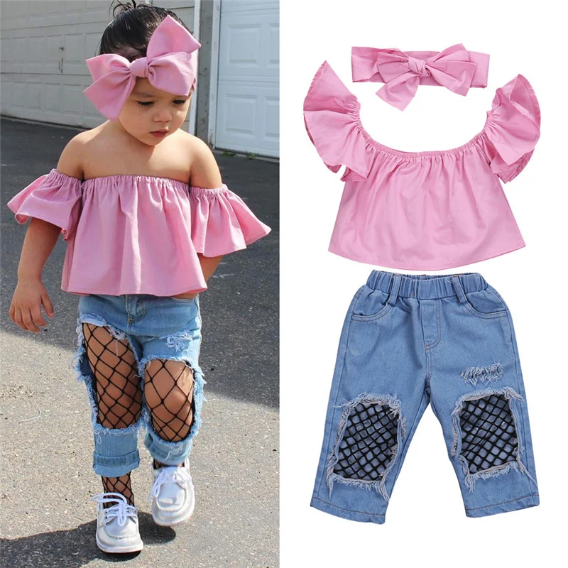 3Pcs Toddler Kids Girls Clothing Set Off Shoulder Tops + Fake Net socks Denim Pants Jeans Outfits Clothes Children's | Детская