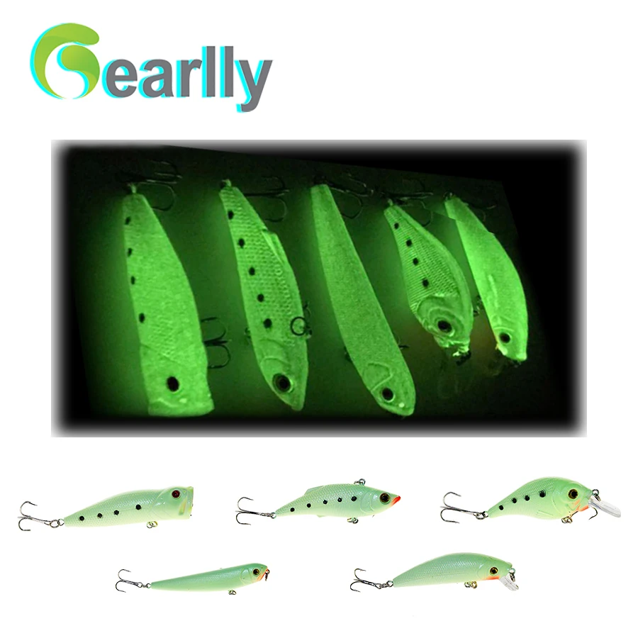 hot sale 5pcs/lot luminous glowing night fishing hard lure set popper crank VIB pencil minnow bait bass pesca | Спорт и развлечения
