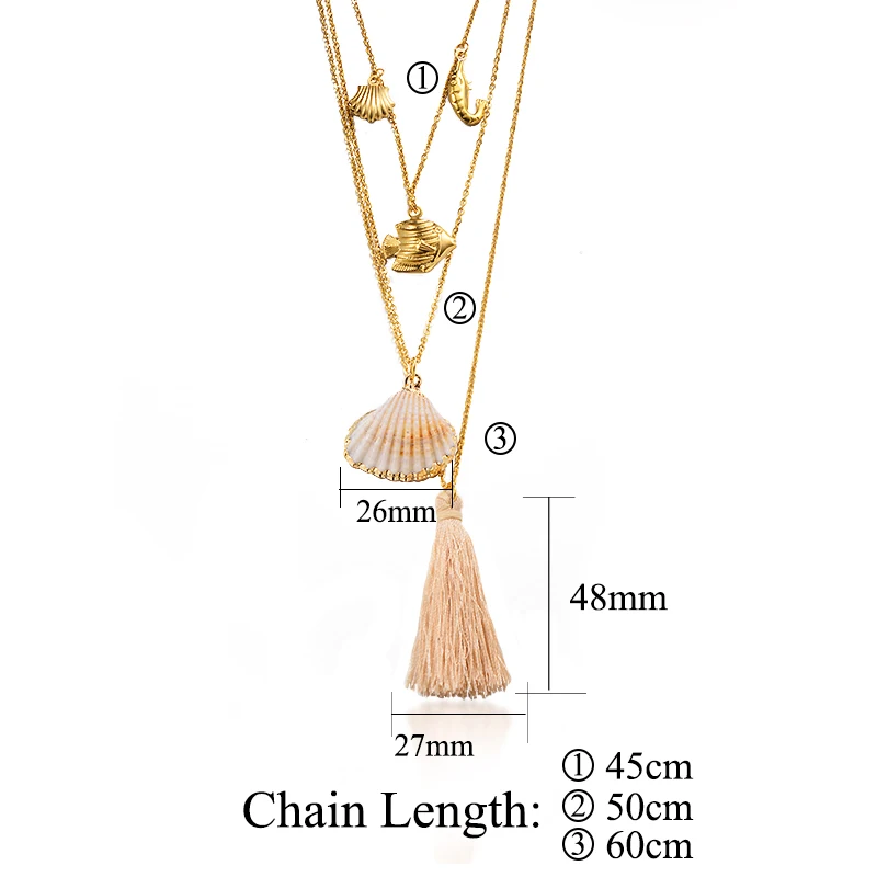Baoyan Multi Layered Stainless Steel Necklace Boho Natural Sea Shell Pendant Necklace Handmade Light Pink Tassel Necklaces Women