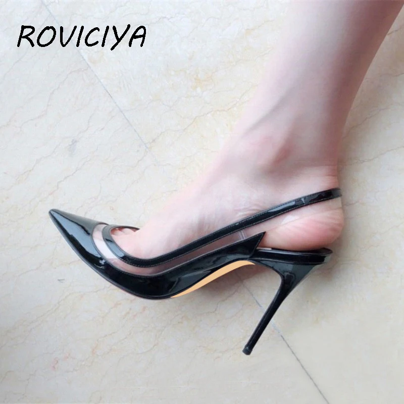 

Patent Leather + Transparent PVC Women Shoes Summer Designer Shoes 12 cm Slingback Pumps Womens Shoes LX010 ROVICIYA