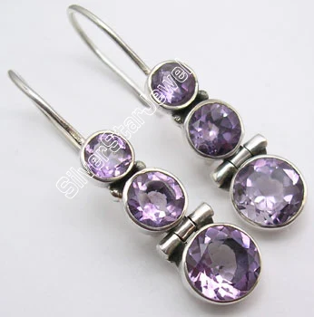 Серебряные серьги с натуральными аметистами 3,6 см - Окраска металла: AMETHYST