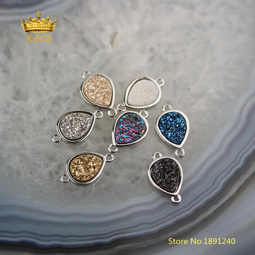 10pcs Flat Teardrop Druzy Small Connectors Bulk Random Titanium Drusy Agates Plated Silvery Copper Charm Link Bracelet DSS153 | Украшения и