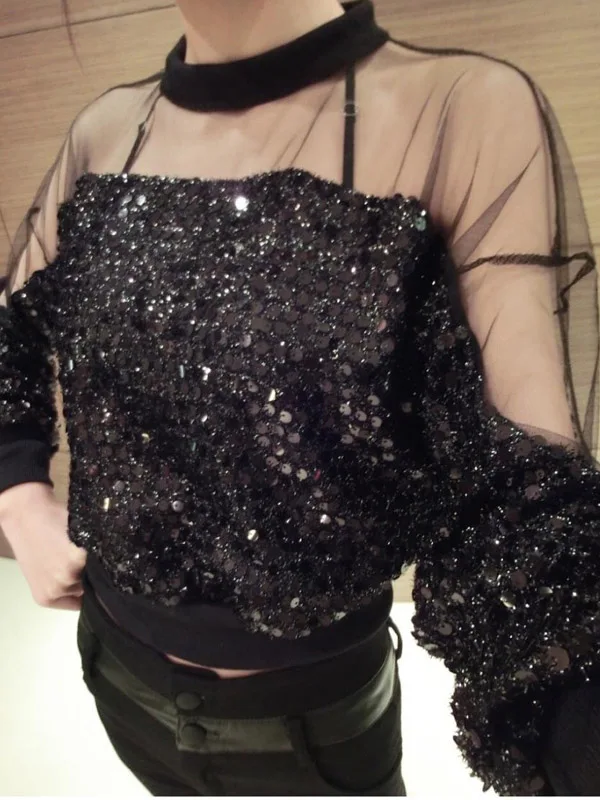 2019 женские рубашки с длинными рукавами Femme Feminina топы блестками сетчатые весенне