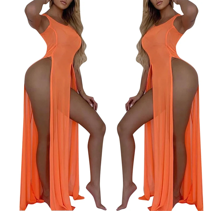 Новинка 2019 прозрачный длинный пляжный бикини с высоким разрезом накидка на