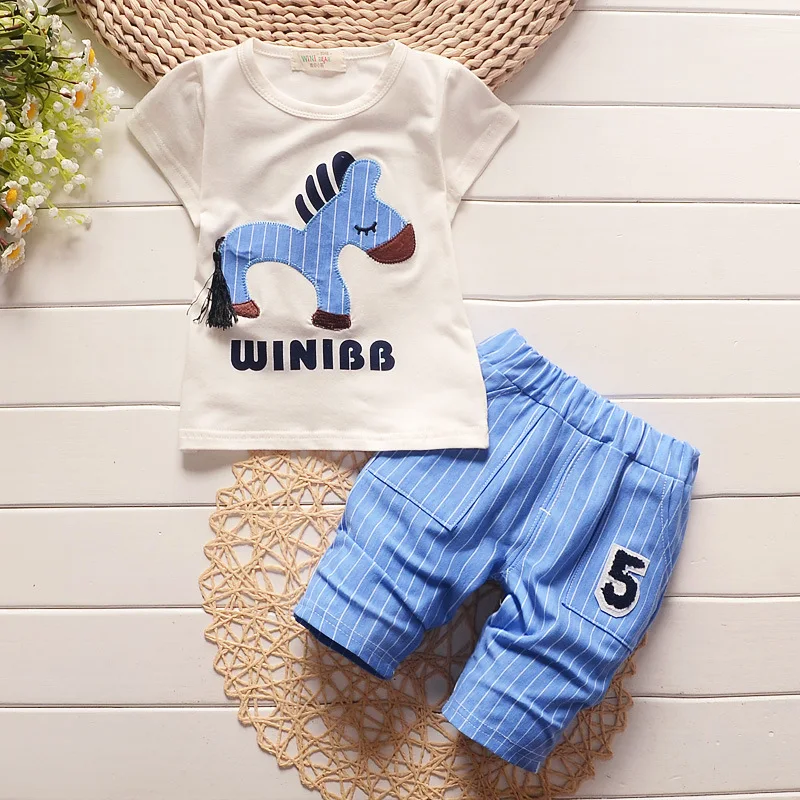 BibiCola 2018 summer baby boys clothes set toddler boy cartoon horse tops+stripe short pant 2pcs clothing children tracksuit |