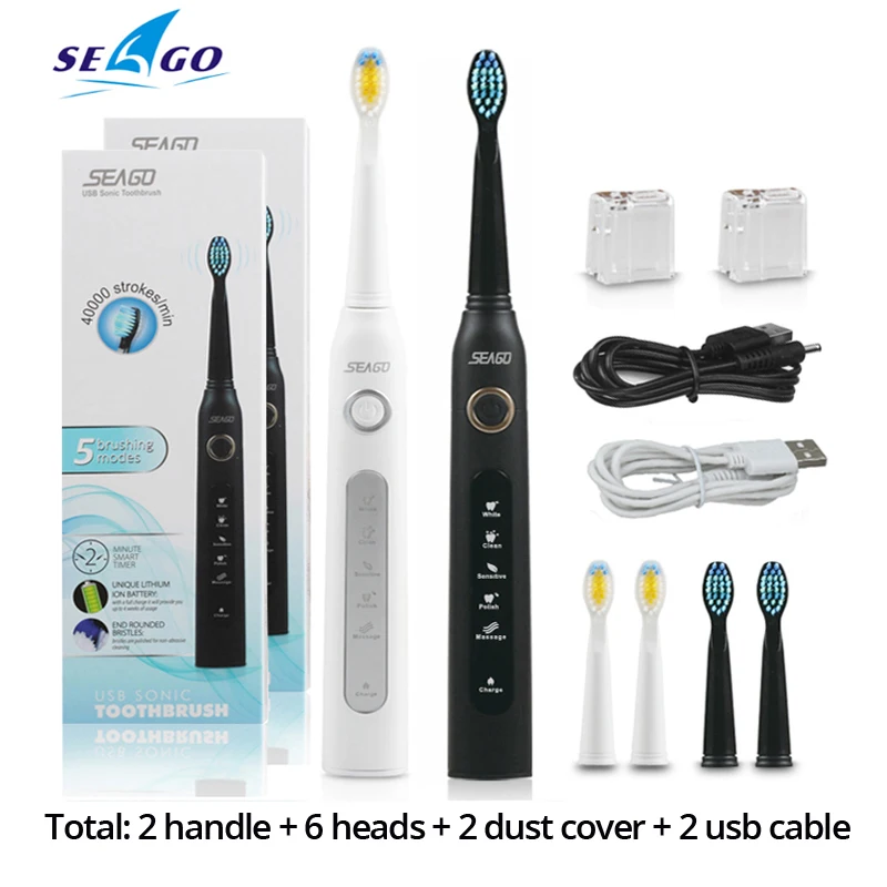 white black 6heads Звуковая электрическая зубная щетка SG-507 для взрослых с таймером отбеливающая щетка для зубов 5 режимов USB перезаряжаемые сменные головки зубных щеток подарок - Цвет: white black 6heads