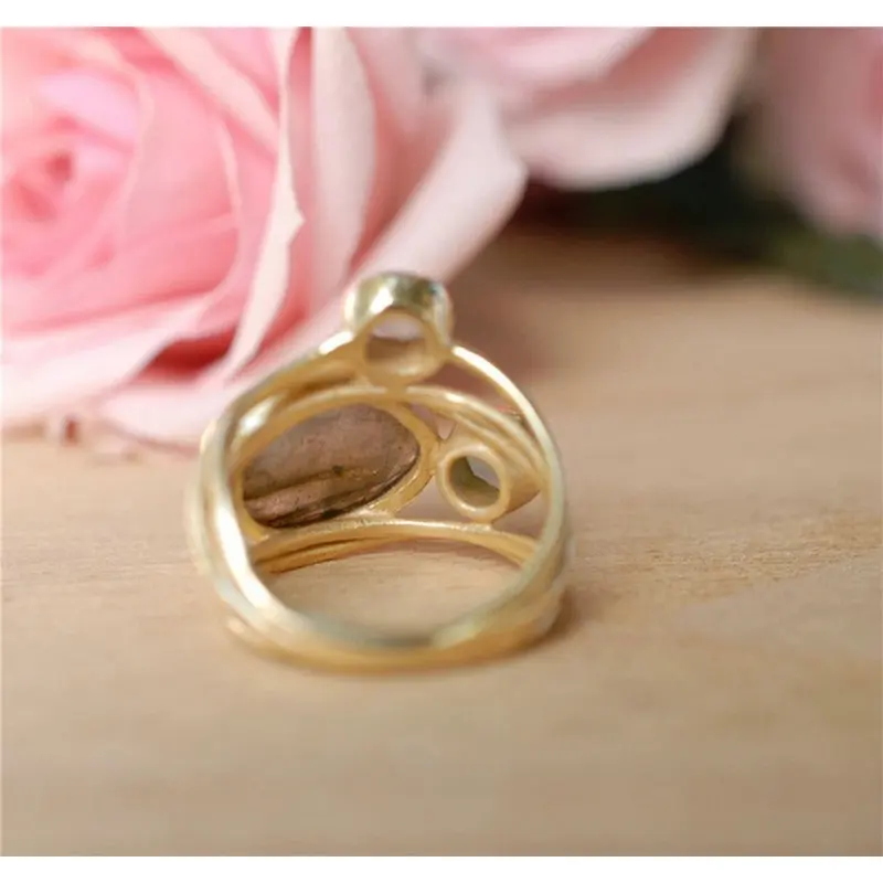 Women Unique 24K Gold Labradorite 3 Moonstones Aqua Blue Shell Ring Wedding Jewelry Gifts Size 6 7 8 9 10