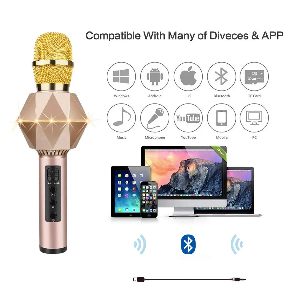 Lefon профессиональный Bluetooth микрофон Беспроводная система караоке конденсаторный