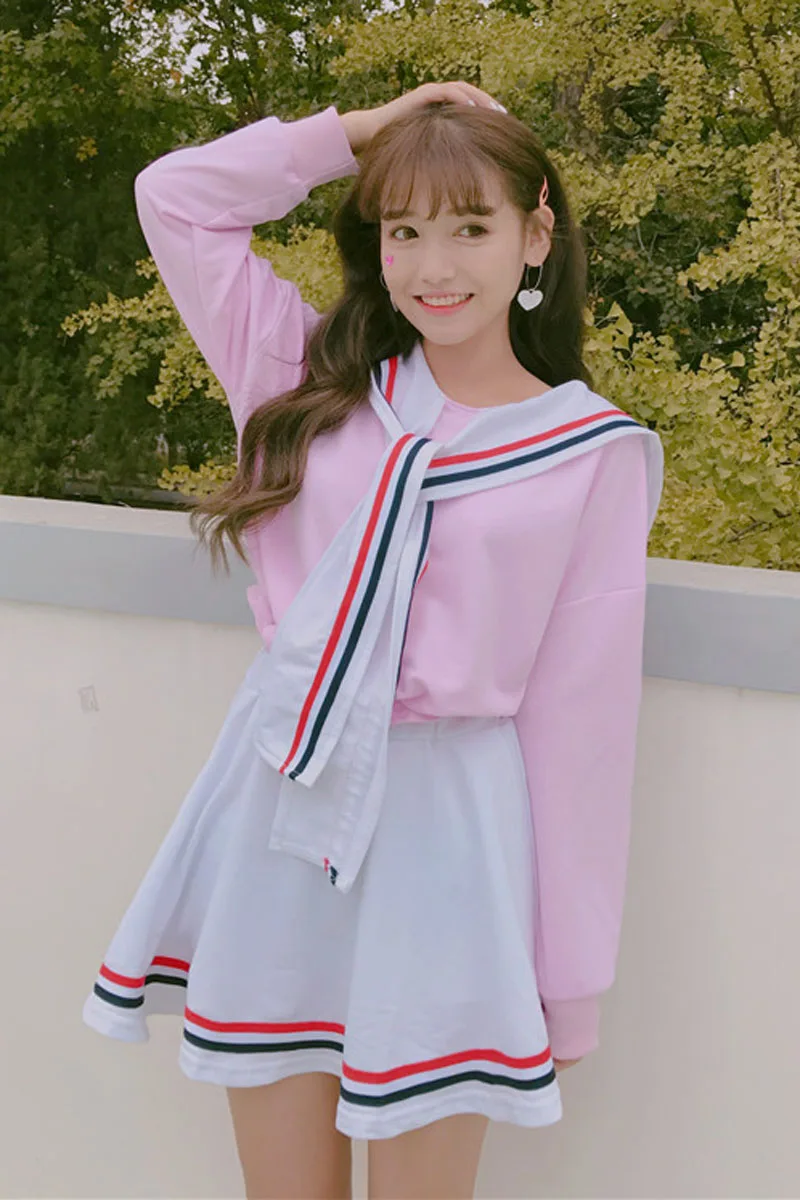 Japanese Harajuku Sweet And Lovely Two-piece Spring Navy Sailor Suit Jacket + High Waist A-line Skirt |