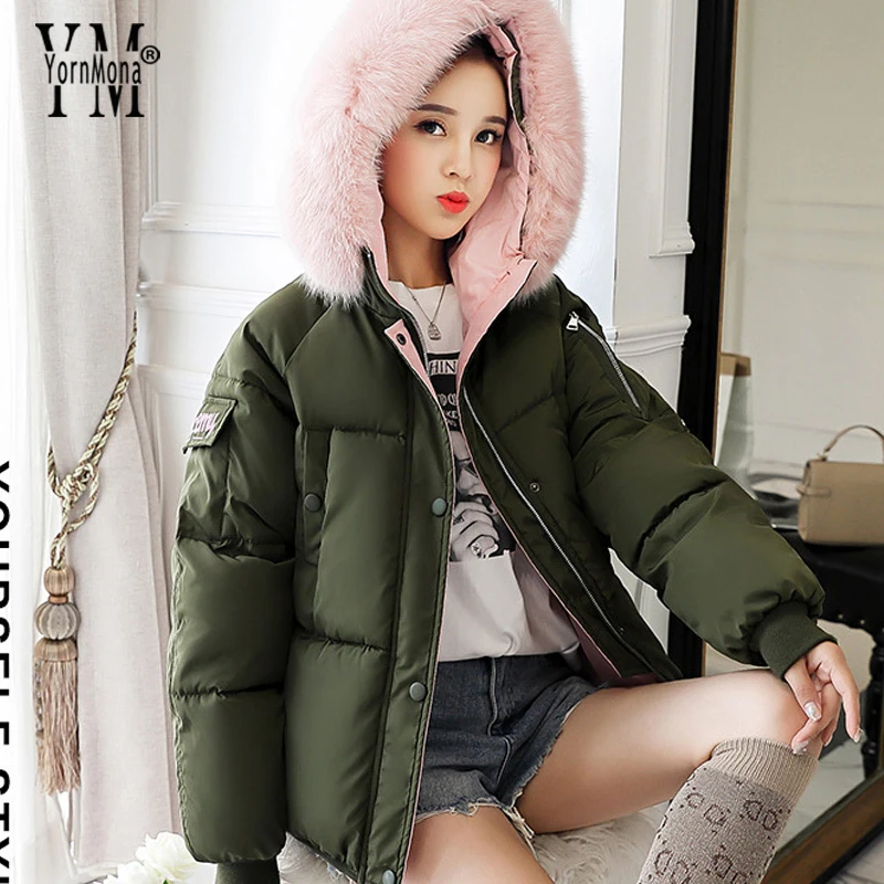 YornMona Brand Winter Jacket Women New 2019 Letters Coat Artificial Fur Collar Hooded Parka Female Thick Cotton Padded Jackets | Женская