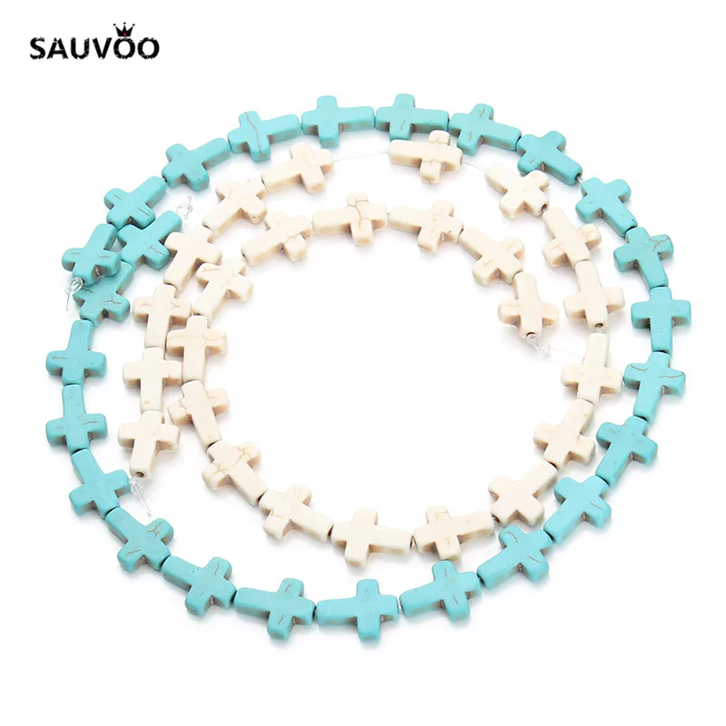 

SAUVOO Approx 24pcs/Strand Cross Shape Charms Pendant Beads 12*16mm Natural Stone Blue White Howlite Jewelry DIY Making F1275