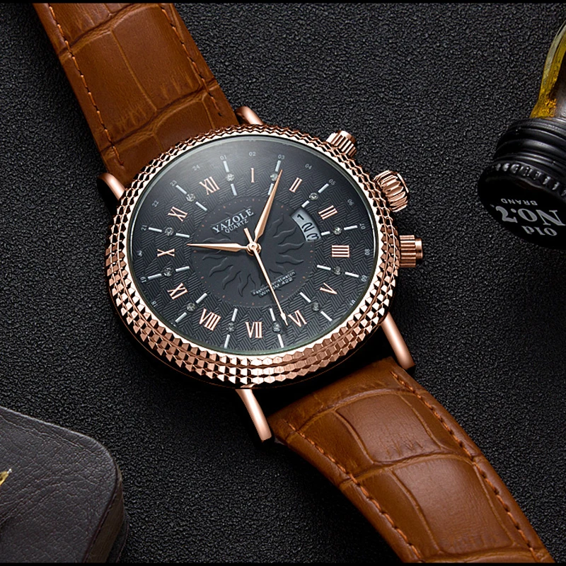 

Yazole Mens Watches Top Brand Luxury Veins Dial Leather Waterproof Quartz Clock Business Date men's watch 2019 erkek kol saati