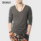 Футболка мужская с V-образным вырезом Zecmos, приталенная рубашка с длинным рукавом, топ Swag с широким низким вырезом