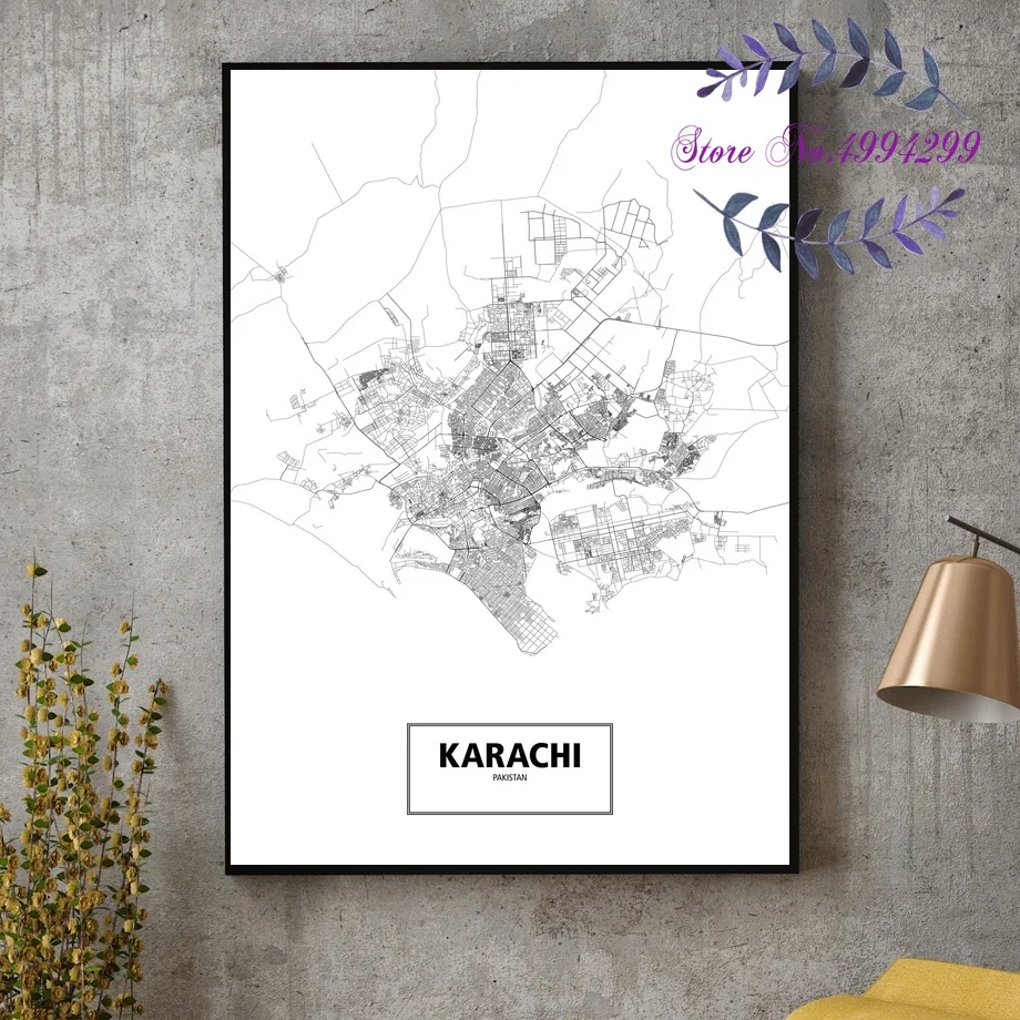 Пакистанский Исламабад Карачи Лахор Черный Белый город карта Плакат холст