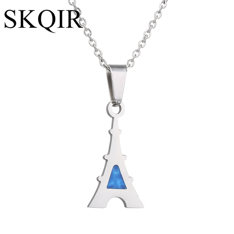 

Romantic Eiffel Tower Pendant Necklace Stainless Steel Chain Necklace Triangle Opal Chock for Women Jewellry Couple Lover Gift