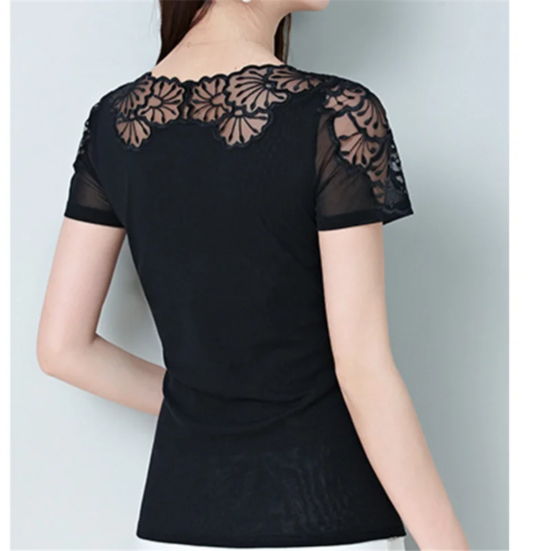 XXXXL сетки вышитые кружева алмаз Camisetas Mujer 2018 летняя футболка Для женщин с горный