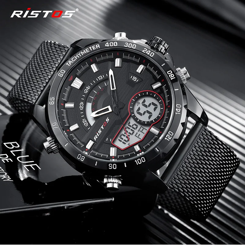 RISTOS модные часы Relojes Masculino Hombre многофункциональные стальные сетчатые мужские