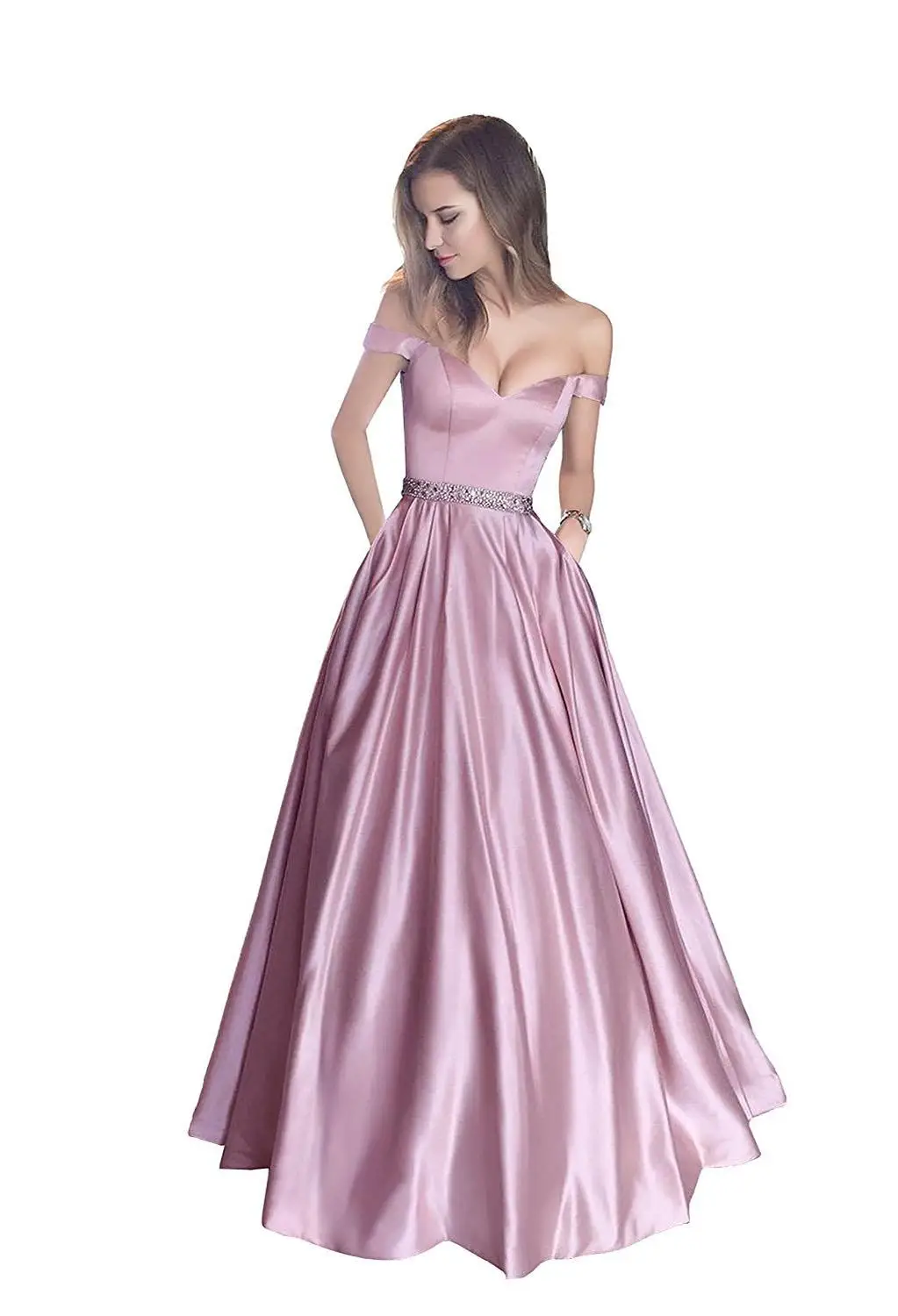 light pink Длинное вечернее платье трапециевидной формы, винтажное платье с открытыми плечами, платье для выпускного вечера, пояс с кристаллами, платье с карманами, CG46 - Цвет: light pink