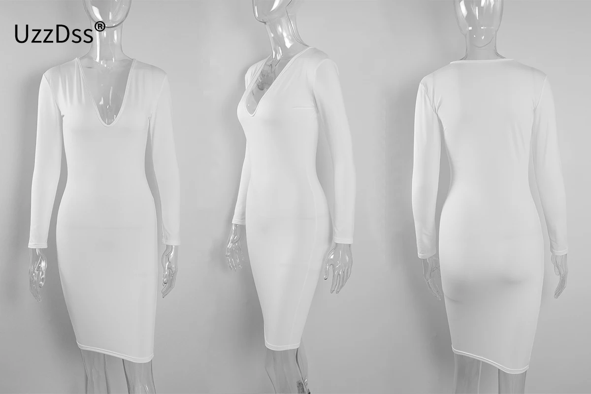 Зима теплые Ткань белый Платья для вечеринок Vestidos глубокий v-образным вырезом платье с длинными рукавами Женщины повязки сексуальное ночной клуб одежда Bodycon