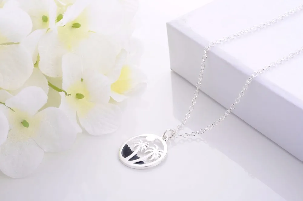 Round Beach Palm Trees Chain necklace Cute Lovely Plant Fashion Necklaces Pendant for Women Girls Best Gift | Украшения и
