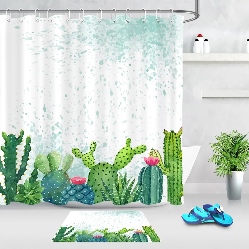 Занавеска для душа с акварельными рисунками зеленых кактусов и милых розовых