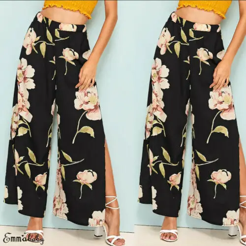 Womens Chiffon Floral Pants 2019 New Summer Fashion Latest Palazzo High Waist Harem Wide Leg Trousers Hot Sale | Женская одежда
