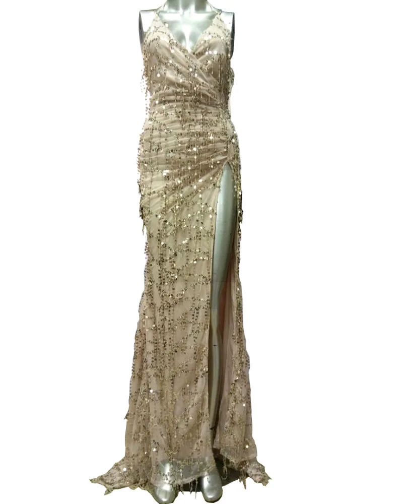 Сексуальное длинное платье макси с блестками глубоким v-образным вырезом