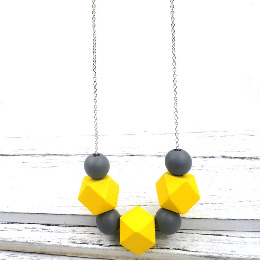 

wood geometric necklace pendant painted Chunky ball Faceted Wooden Beads ball On chain yellow grey statement NW092