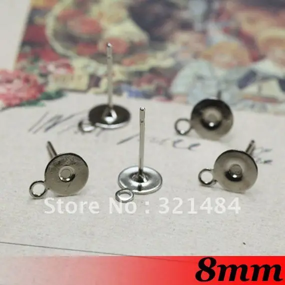 Platinum Dull Silver Plated Tone Metal 1000piece with 8mm gule pad and loops Jewelry Earring Post Earring Findings