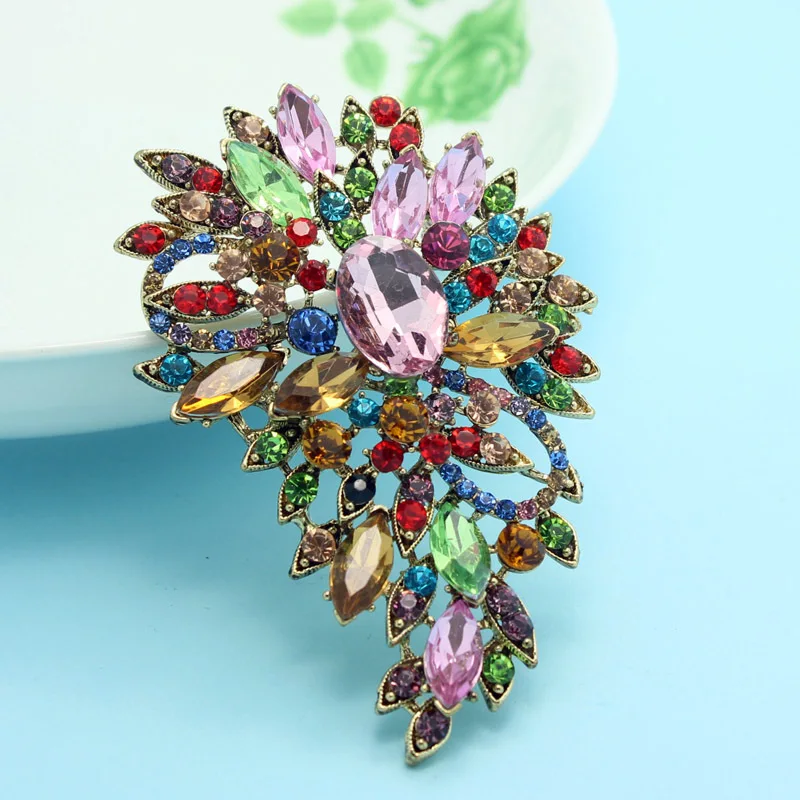 

Luxurious Colorful Flower Brooch Bouquet Shiny Brand Austrian Crystal Hijab Pins And Broaches Very Nice Christmas Broches