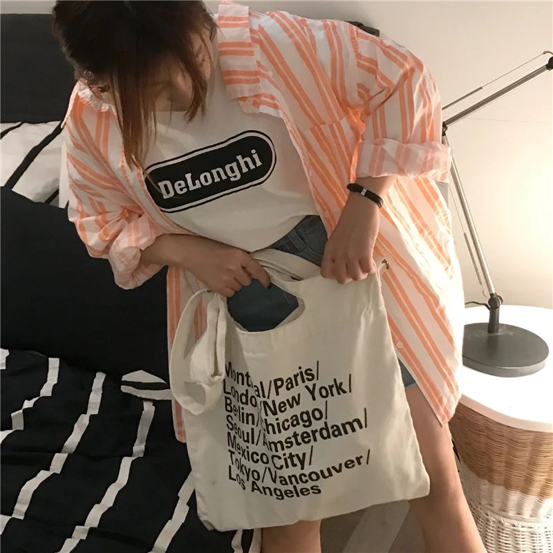 Fresh Orange Striped Long Sleeve Shirt Women Tops Kawaii Summer Blouse Boyfriend Chemise Femme Camicia Donna Blusa Mujer Camisa |