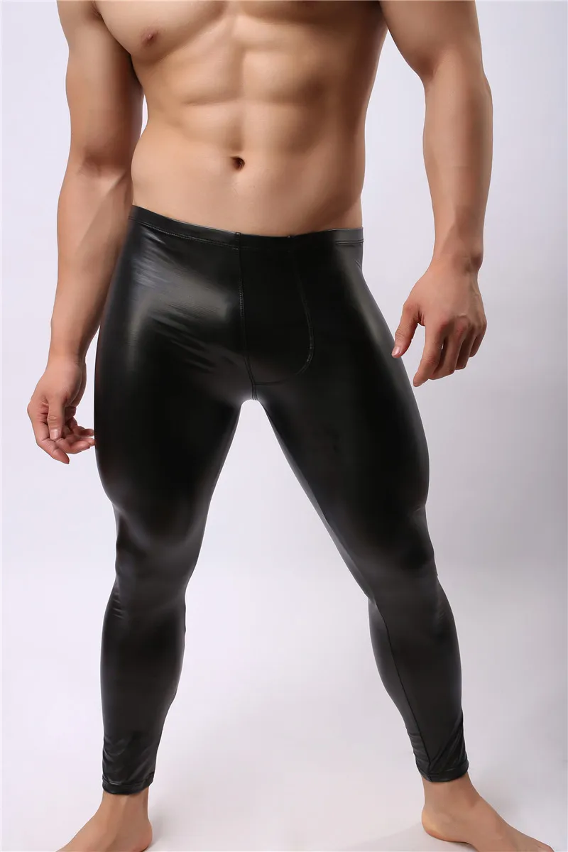Men Long Johns Mens Warm Pants Thin Elastic Line of Men's Fashion Faux Leather Sexy Gay Underwear Tight Legging Long Johns