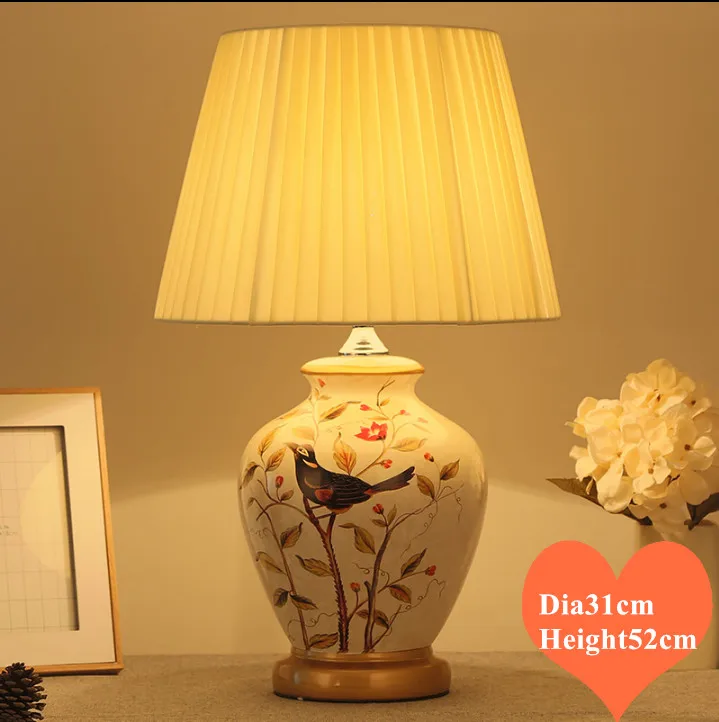 Chinese style bird ceramic Table Lamps White lamp body classical fabric E27 LED lamp for bedside&foyer&studio&tea room MF003