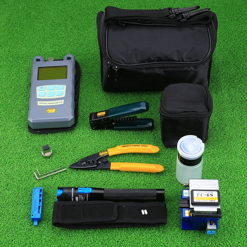 KELUSHI 9pcs/Set FTTH Tool Kit with FC-6S Fiber Cleaver and Optical Power Meter 5mW Visual Fault Locator Optic Stripper