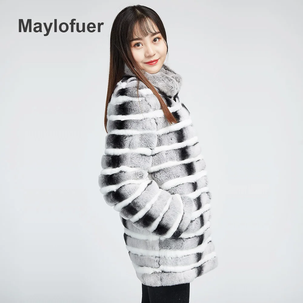 Maylofuer шуба из кролика рекс с длинными рукавами стоячий воротник Шиншилла Меховая