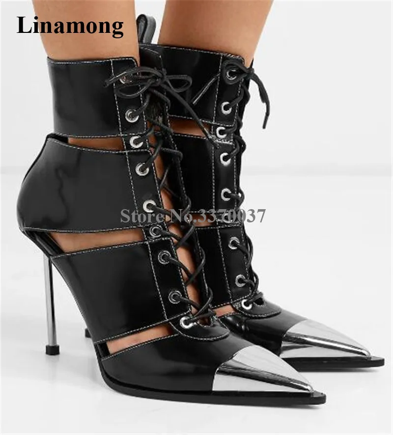 

Newest Fashion Women Pointed Toe Black Leather Metal Stiletto Heel Short Boots Cut-out Lace-up High Heel Ankle Booties Heels