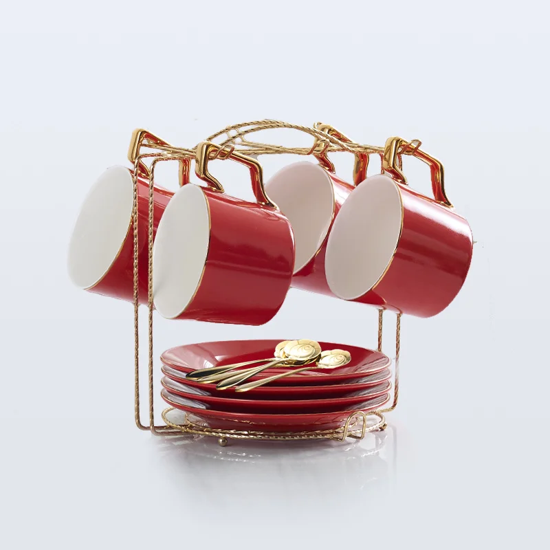 Red 4Cups n Holder Выразительная фарфоровая кофейная чашка, блюдце, ложка, набор, 200 мл, Скандинавская чайная чашка, керамический чайный набор, расширенная чайная чашка, кофейная чашка эспрессо, Прямая поставка - Цвет: Red 4Cups n Holder