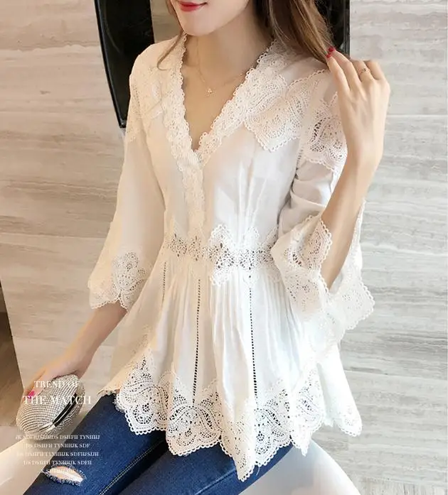 

Women Shirt summer new women's V-lap leaves lace shirt loose shirt