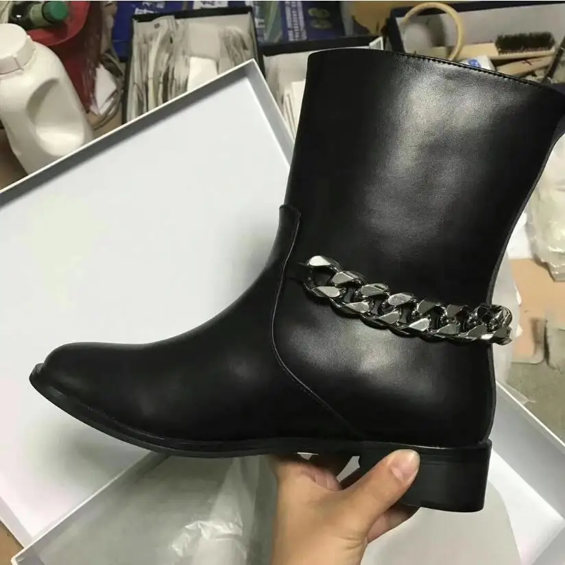 black leather ankle Черные сапоги до колена из натуральной кожи; женские рыцарские сапоги с круглым носком и цепочкой сзади; женские модные зимние ботильоны на плоской подошве - Цвет: black leather ankle