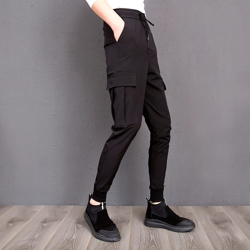 Для мужчин брюки Slim Fit боковые карманы патч черные брюки Мужской Повседневное работы уличная Костюмы модные мужские Штаны для бега