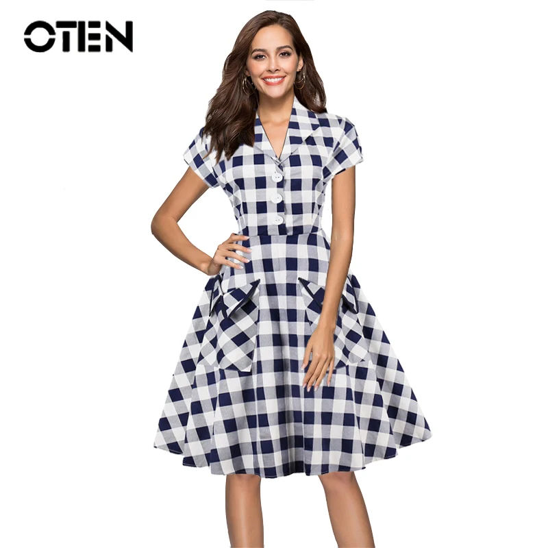 OTEN белая и синяя клетчатая одежда в винтажном стиле 50s 60s Pin up V образным вырезом передний карман клетчатый принт рокабилли Туника повседневные миди платья