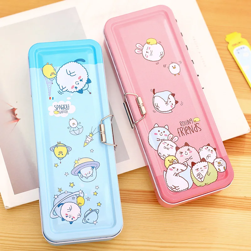 

Metal Pencil Box Lovely Cartoon Double Layers Boy Girl Students Pen Punch Case Home Study Stationery Storage School Gift 95556