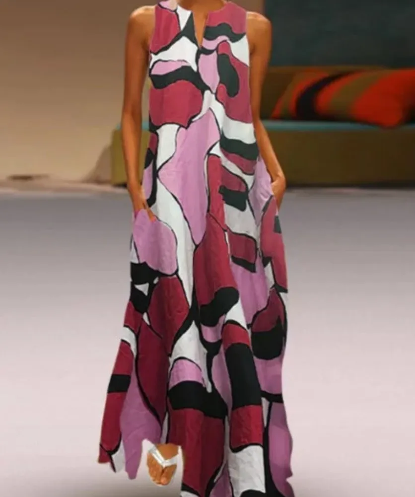 Женское платье без рукавов винтажное длинное с v образным вырезом повседневное