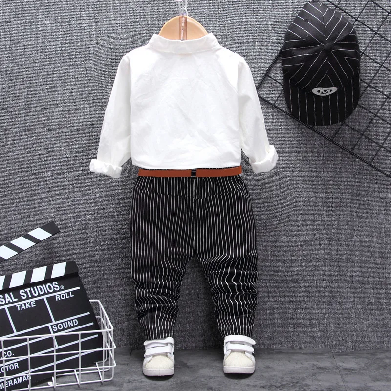 Children Clothes Baby Boy Dress Set 2PCS Long Sleeve Tie Stand Collar Shirt+With Belt Striped Leggings Bebes Jogging Tracksuit | Детская