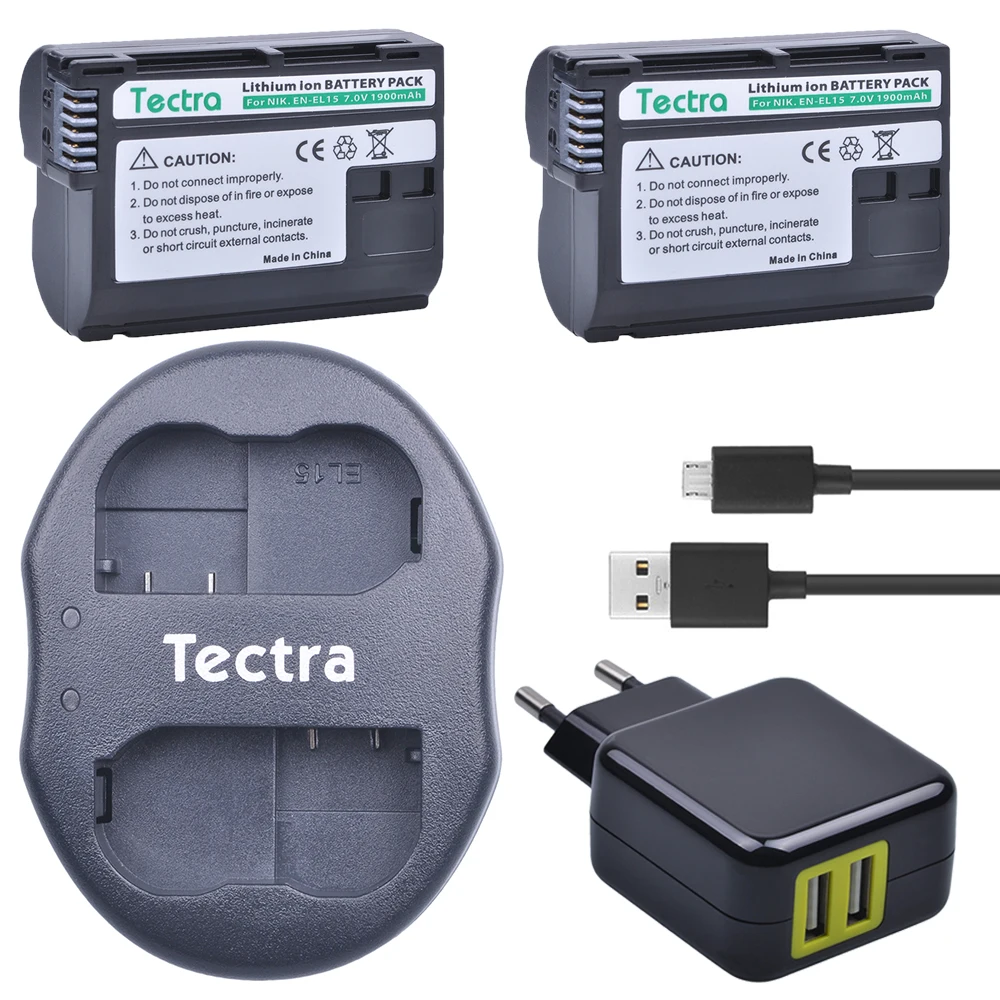 Tectra 2Pcs EN EL15 ENEL15 Bateria + USB двойное зарядное устройство адаптер переменного тока для