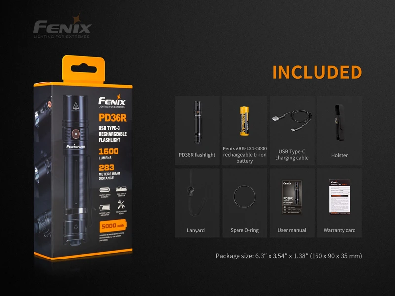 Usb type-C зарядка Fenix PD36R 1600 люмен ультра-компактный аккумуляторный тактический фонарик с литий-ионным аккумулятором 5000 мАч