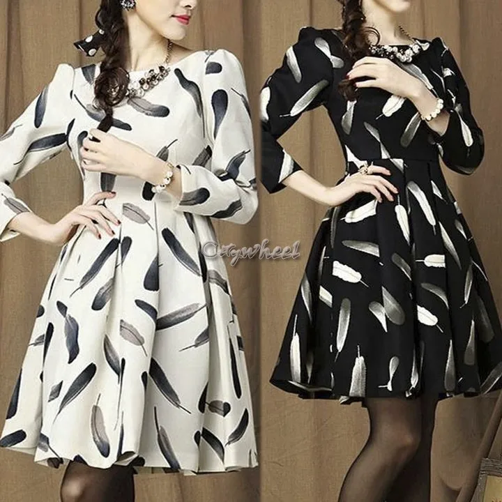2015 New women autumn and winter fashion temperament waist A-line dress feather print plus size casual dresses 35 | Электроника