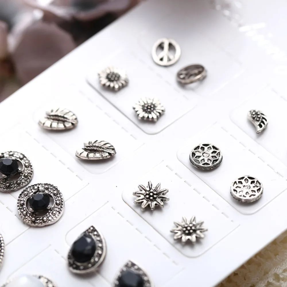 Kymyad 9pairs/set Stud Earrings for Women Fashion Jewelry Vintage Geometric Leaves Plane Flower Boucle D'oreille Femme | Украшения и