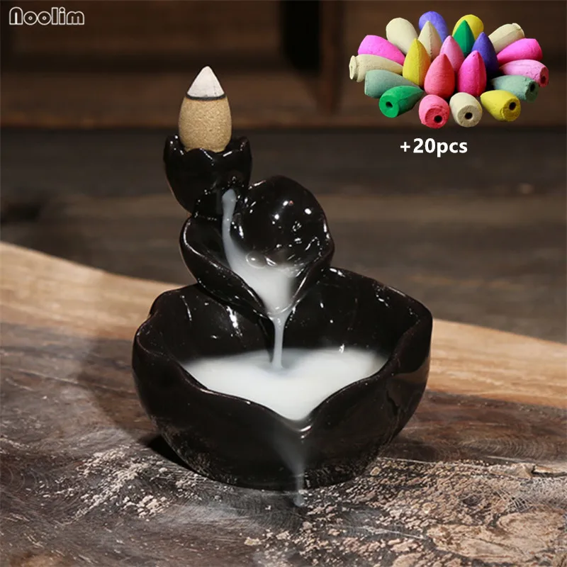 With 20pcs mixed 2 в 1 винтажный керамический обратный поток ароматическая горелка Joss палочка держатель домашний офис Декор водопад дзен ароматическая курильница+ 20 шт Бесплатные конусы - Цвет: With 20pcs mixed