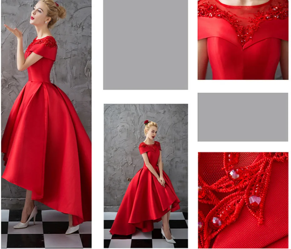 

Vintage Evening Dress Elegant Vestido De Festa Asymmetrical Formal Dress Evening Gown O-Neck Red Prom Dresses Robe De Soiree